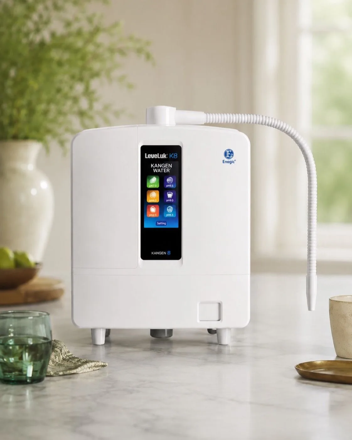 The LeveLuk K8 on a marble kitchen counter beside a window